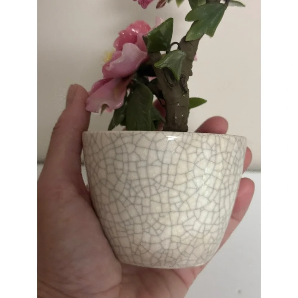 Vintage Japanese Glass Bonsai Tree Pink Flower Crackle Glaze Pot Japan 9in